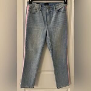 Talbots Modern Ankle Light Wash Blue Denim Jean Pink & White Pinstripe